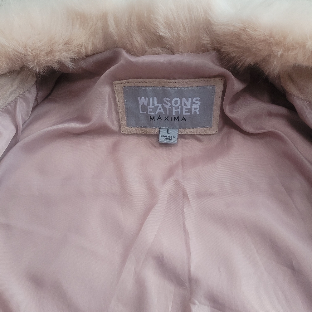 Y2K Wilson’s Leather Maxima Blush Pink Suede Jacket Genuine Rabbit Fur Trim L - Picture 2 of 11